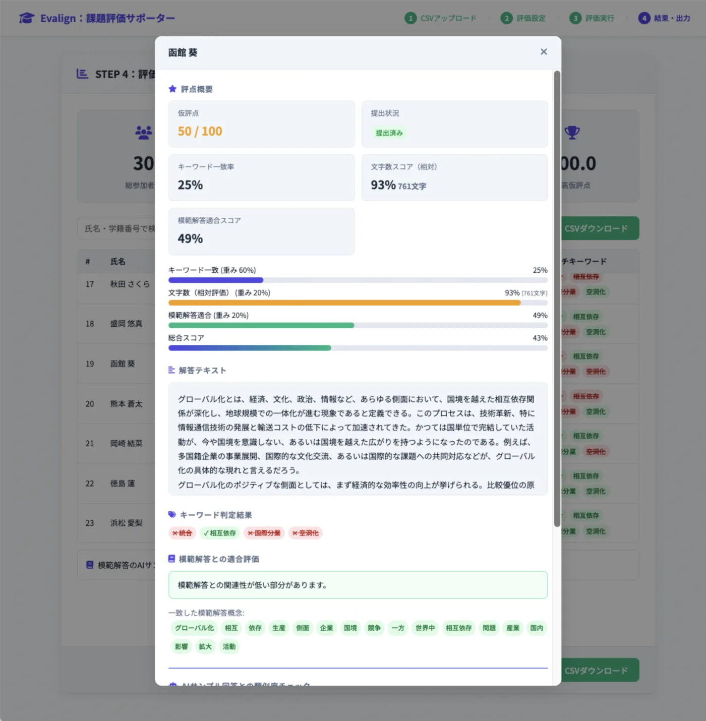個別の詳細画面。キーワードの一致や模範解答との適合度が表示される